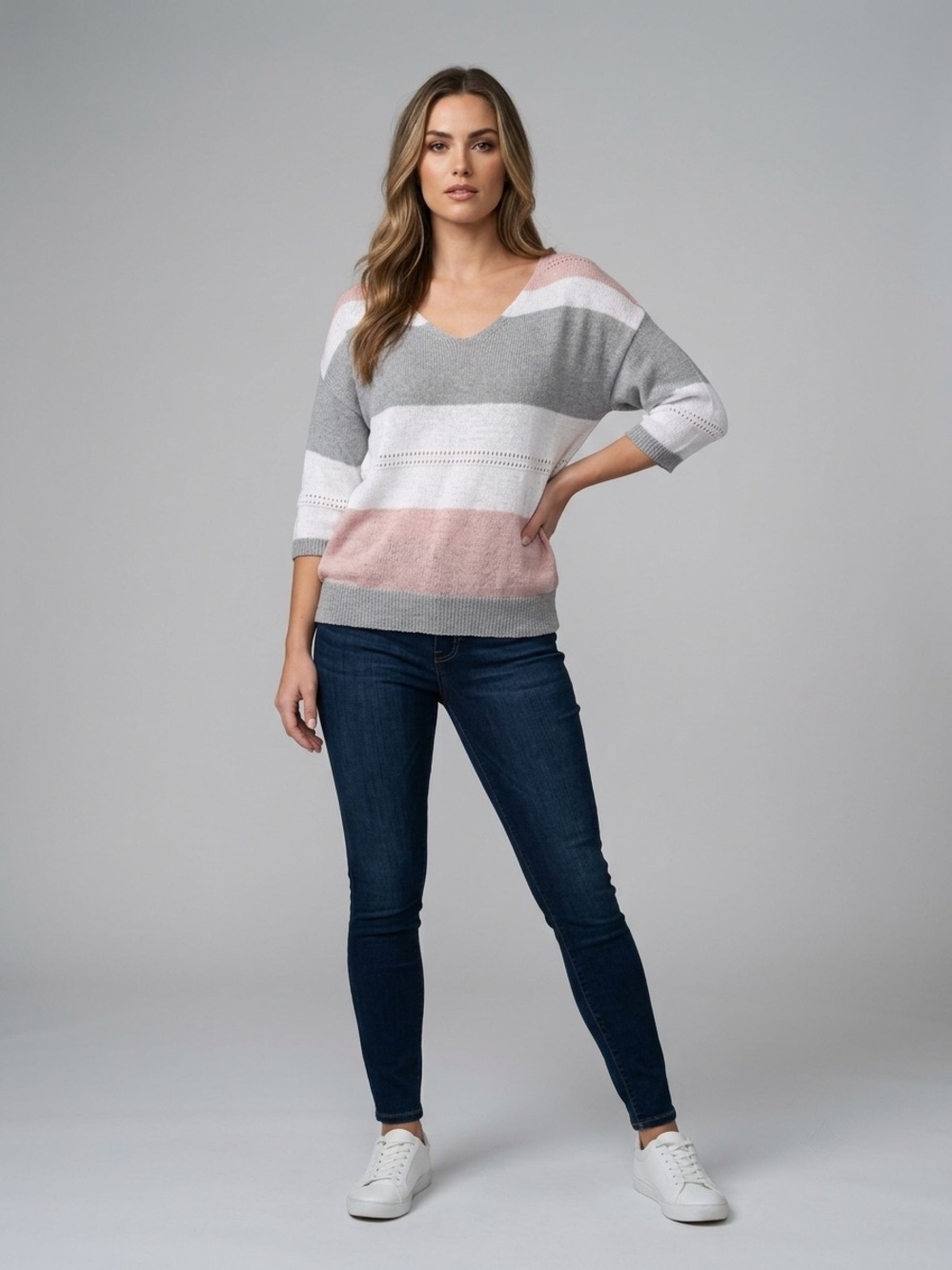 Striped V-Neck Lightweight Sweater - Gray & Blush